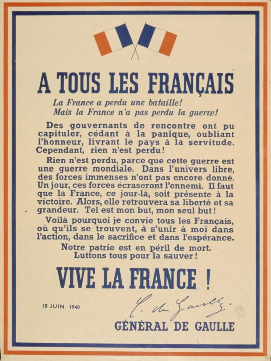 Affiche peu après l'appel du 18 juin 1940