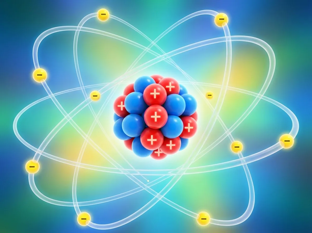 Constitution d'un atome : noyau au centre (contenant protons et neutrons) et électrons en orbite