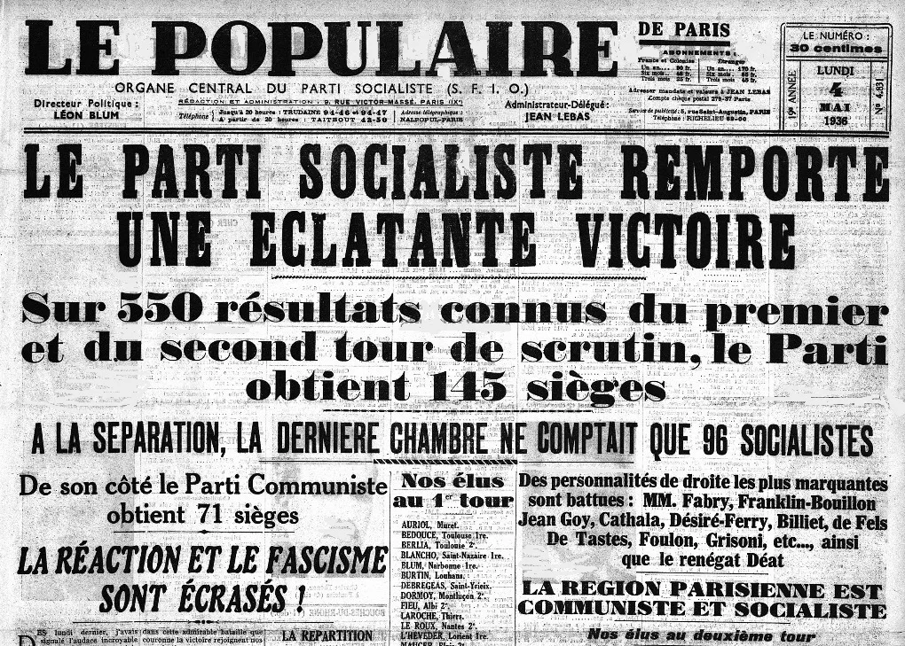 Une du journal "Le Populaire" après la victoire du Front populaire aux élections législatives de mai 1936, 4 mai 1936